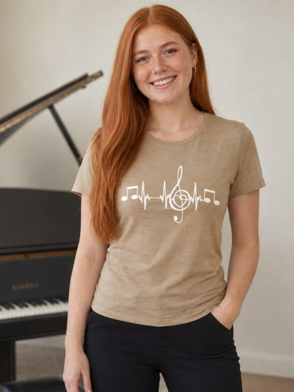 Music Heartbeat Tee Womens L Tan Treble Clef Notes Musician Graphic Shirt